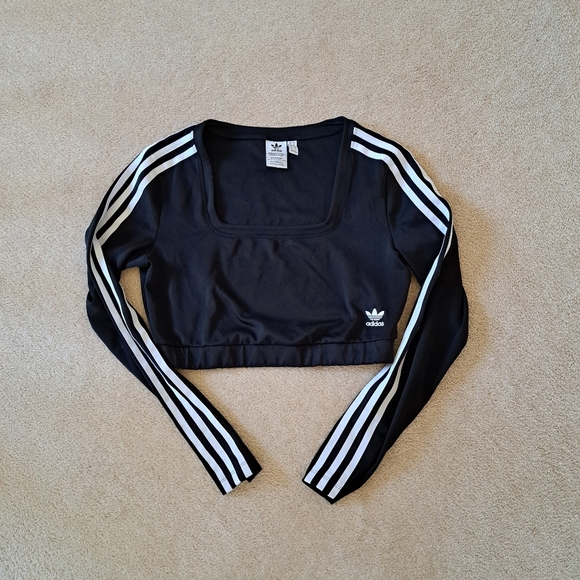 Adidas Crop Top Black White Womens Size Medium Primeblue Trendy 3 Stripe - Picture 10 of 10